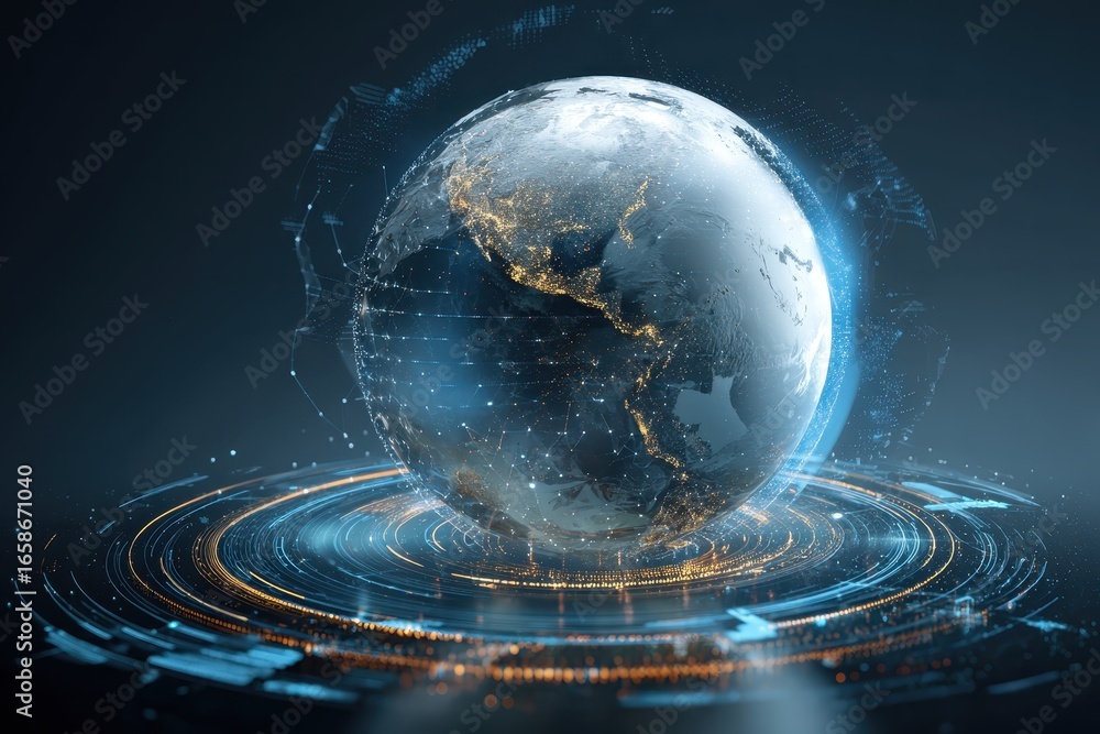 Poster futuristic planet hologram showcasing a vibrant digital representation of earth with illuminated con