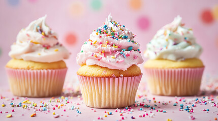 Delicious cupcakes with colorful frosting and sprinkles on a pastel background.