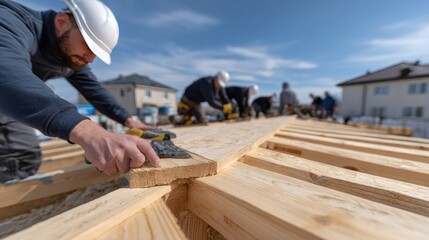 Two construction workers wearing helmets focus on their tasks at a building site, ensuring safety and precision on the job
