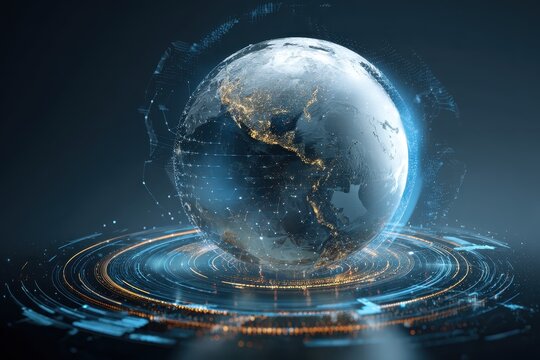 Futuristic planet hologram showcasing a vibrant digital representation of Earth with illuminated continents and intricate data patterns