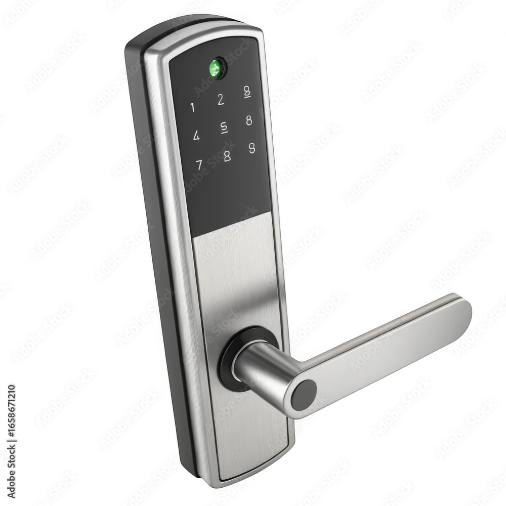 Poster modern silver digital keypad door lock with lever handle isolated on transparent background
