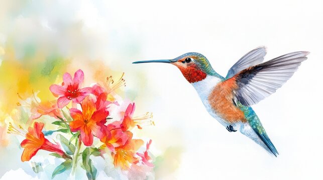 Watercolor painting of hummingbird hovering near vibrant flowers, showcasing its colorful plumage and delicate wings. scene evokes sense