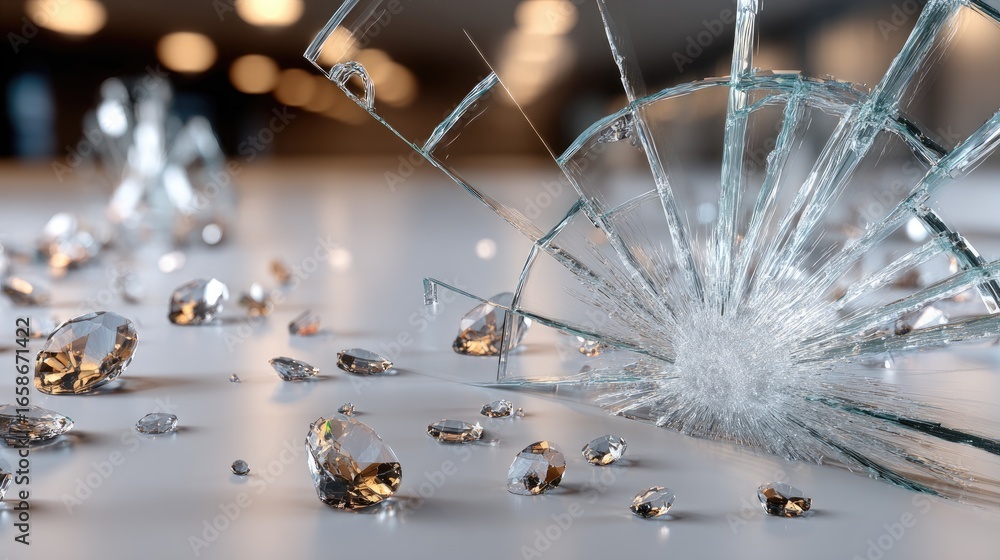 Poster small rocks and crystal fragments are floating above a smooth surface, creating an interesting and c