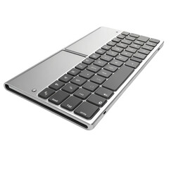 Sleek silver and black wireless keyboard with integrated touchpad isolated on transparent background