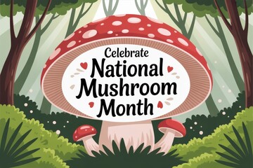 National Mushroom Month slogan inside a mushroom cap illustration