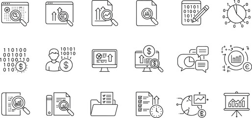 Data analysis icons set, financial growth, business report, digital chart, big data, research, statistics, planning, monitoring, presentation, strategy