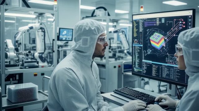 Engineers use computer interface to program photolithography steps ensuring accurate layer deposition on microchip wafers inside fab.