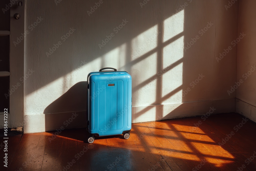 Poster blue suitcase rests on wooden floor in room, casting a patterned shadow from sunlight filtering thro