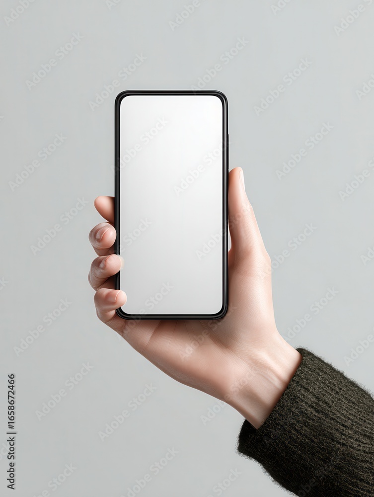 Poster smart device in hand an elegant smartphone is held by a human hand in a minimalistic isolated image 