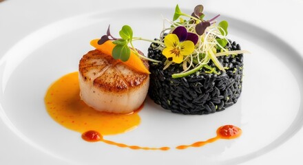 Exquisite Seared Scallop with Black Rice and Edible Flower Garnish on White Plate