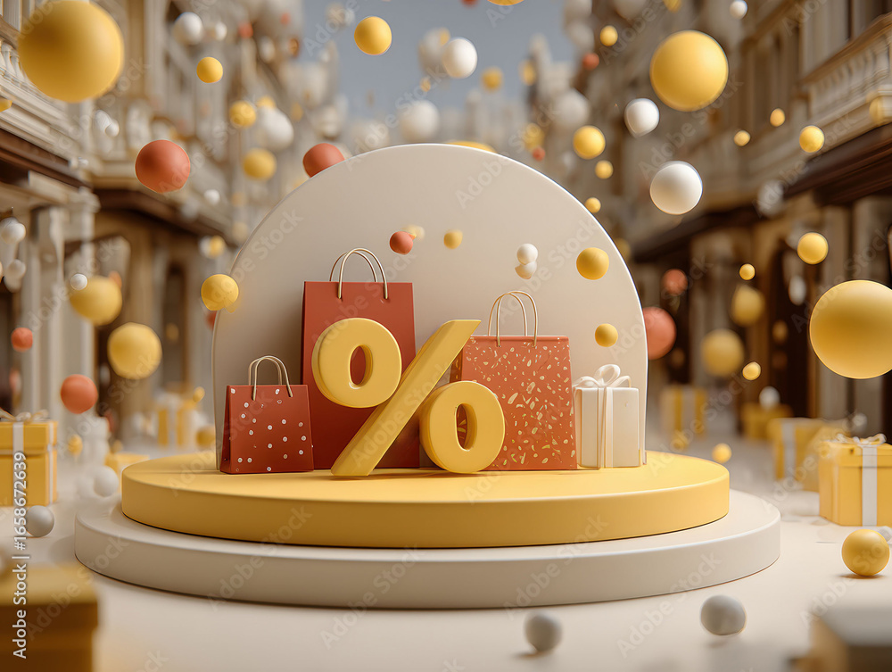 Poster a colorful 3d scene with a black friday product display on a circular podium the central display con