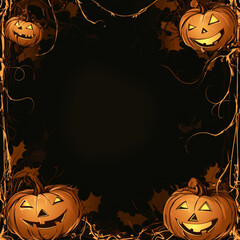 Black Halloween background with pumpkin and tree. Abstract grunge wallpaper for design holiday party