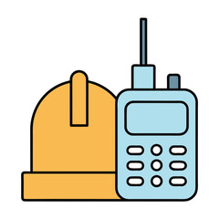 Yellow hard hat and blue walkie talkie with black outlines on a white background hardhat helmet