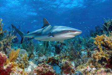 Fototapeta premium Cuba Camaguey Reef shark gliding gracefully over vibrant coral reef habitat in the stunning waters of the Caribbean