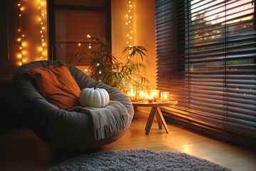 Cozy living room with armchair, pumpkin, candles, and twinkling lights at sunset