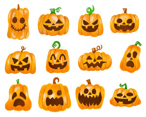 Halloween Pumpkin Faces Clipart Set, Cute and Spooky Jack O’Lantern PNG for Kids Crafts, Poster, Party Decoration, Invitation
