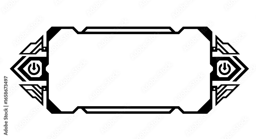 Poster a modern, symmetrical vector frame with futuristic power button icons. this sci-fi border is perfect