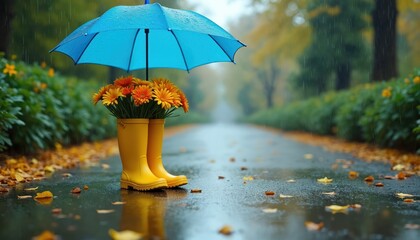 Bright yellow rubber boots hold bouquet of orange gerbera flowers under blue umbrella on wet, leaf-strewn path. Gentle rain falls, creating cozy, charming atmosphere, perfect for spring autumn themes.