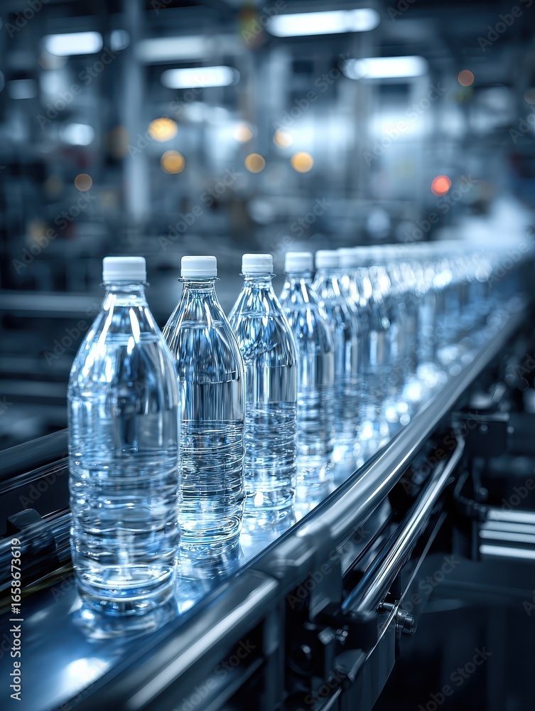 Poster bottling line with transparent bottles filled with water on a conveyor belt automated industrial pro