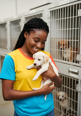 Smiling volunteer holding a small puppy in a dog shelter, promoting pet adoption and responsible ownership