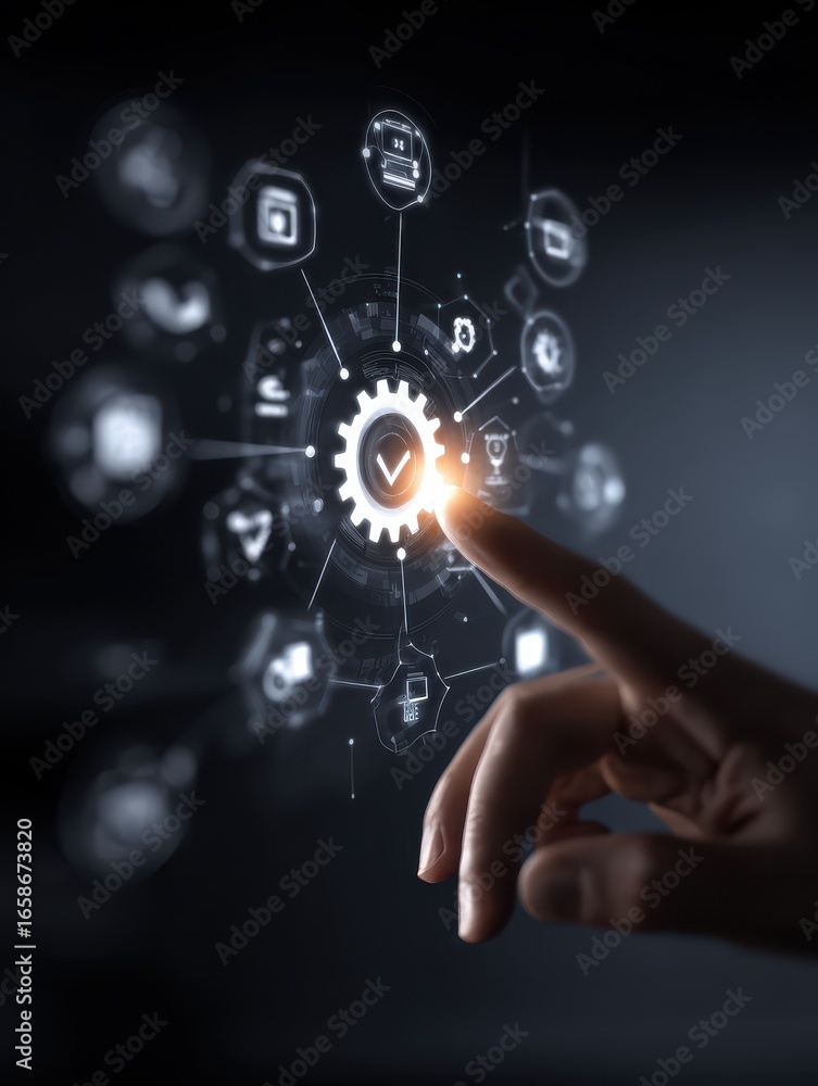 Poster hand touching a glowing cogwheel with a checkmark in a network of interconnected icons representing 