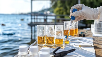 Water testing laboratory equipment scientific research environmental analysis pipette glass beakers outdoor setting pollution assessment nature