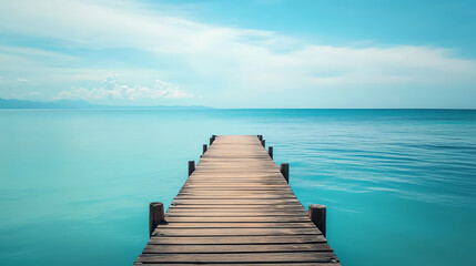 Fototapeta premium Serene wooden pier extending into calm, turquoise water under a clear blue sky.