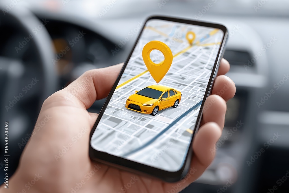 Poster smartphone displaying rideshare app with location map and car icon indicating active request in urba