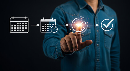 Man touching virtual screen with schedule and time management icons for planning concept