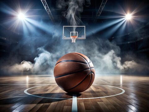 A basketball on a court with spotlights and smoke in a sports arena