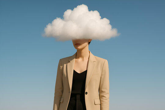 A person in formal clothes with their head replaced by a fluffy white cloud, standing against a blue background.