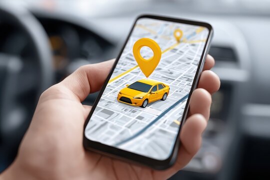 Smartphone displaying rideshare app with location map and car icon indicating active request in urban area