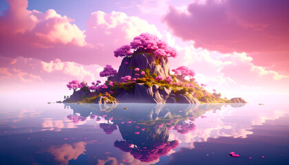 Obraz premium A fantasy island hovering above water, with a sharp mountain peak and orange sunset sky.