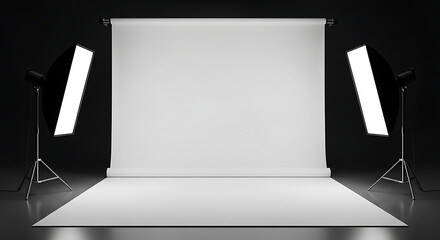 Empty photography studio with white background, softbox lighting, isolated on white background