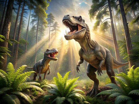 Two tyrannosaurus rex dinosaurs roaring in a lush prehistoric forest with sun rays - Powered by Adobe
