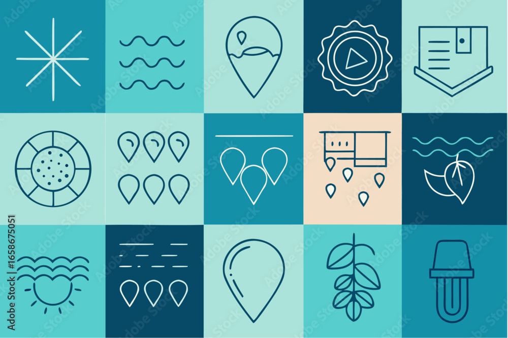 Poster collection of simple line art icons for various concepts