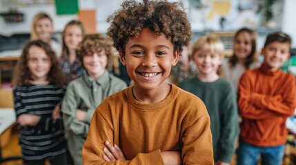 portrait of cheerful smiling boy with diverse friends schoolmates schoolkids having fun standing posing in classroom looking at camera happy after school reopen diversity back to school concept no lo