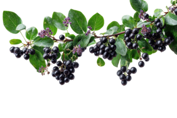 Close-up of a branch laden with dark berries and green leaves.  The berries are a deep, almost black color and cluster closely together on the branch.  Healthy.