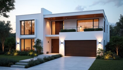 Photorealistic render of a modern Miami home. Features a white exterior, dark brown garage door, and stunning landscaping. Sleek contemporary architecture with clean lines and upscale design.