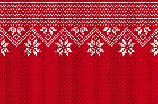 Fototapeta Christmas winter ornament. Festive seamless pattern. Holiday knit background with snowflakes. Knitted sweater print. Xmas geometric border. Fair isle traditional texture. Vector.
