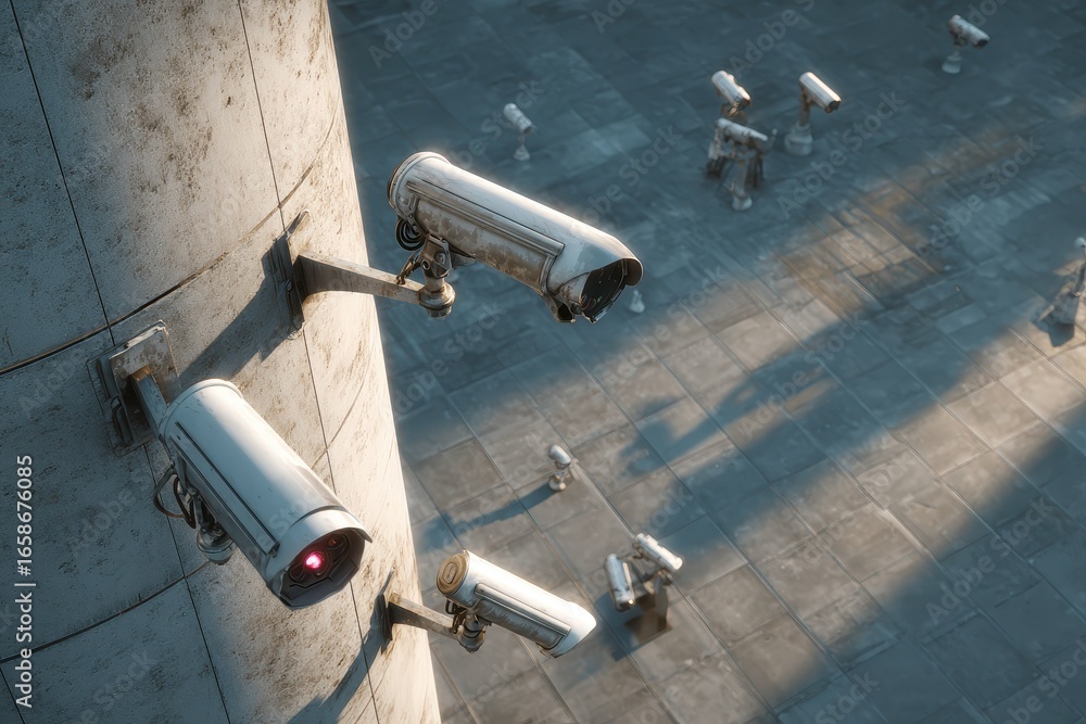 Poster high angle view of various cctv cameras mounted on a large concrete structure in an urban setting du