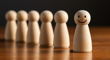 A wooden figure with a smile stands out in a row of similar figures on a wooden surface