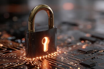 Futuristic neon padlock illuminated on an electronic circuit background creating a striking blend of security and technology in a sleek modern setting