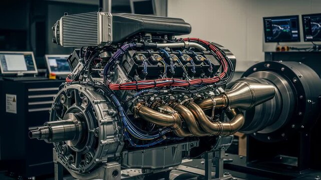 Formula One engine components exposed during a dyno run revealing cooling ducts wiring looms and exhaust piping integrated for testing.