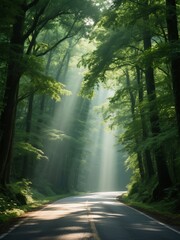 Obraz premium Sunlight filtering through trees onto a winding forest road