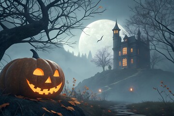 halloween background with pumpkin and bats