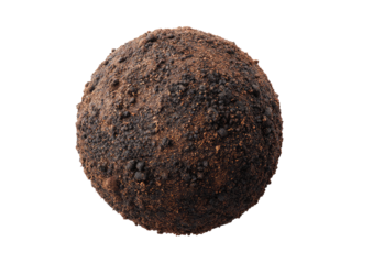 Dark brown, textured sphere resembling soil or a planet
