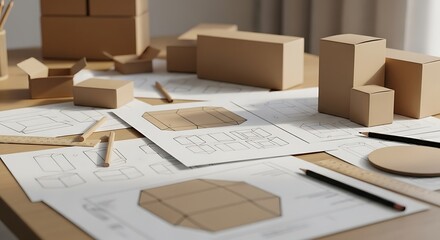 Cardboard box packaging design project with blueprints and paper models on a wooden table