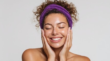 photo of happy curly woman washes face with hygienic soap starts day with morning routine wears purple headband has healthy well cared skin stands bare shoulders isolated on white background no logos