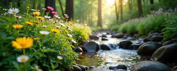 Fototapeta premium Wildflowers and ferns flourish beside forest stream with mossy rocks. Sunlight filters through trees onto water. Green plants and plants surround flowing creek, creating serene natural landscape.